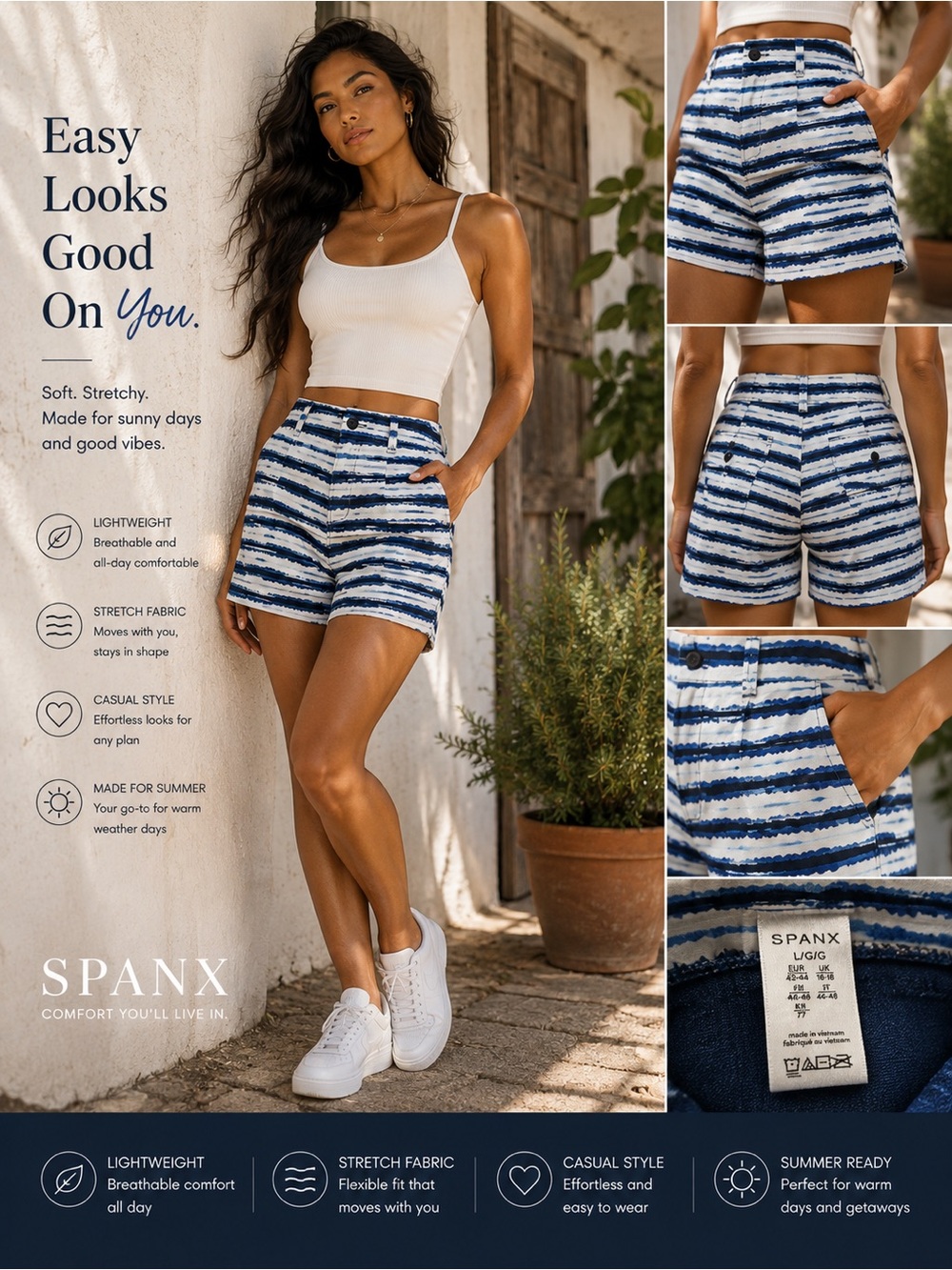 SPANX Navy & White High-Waist Striped Shorts